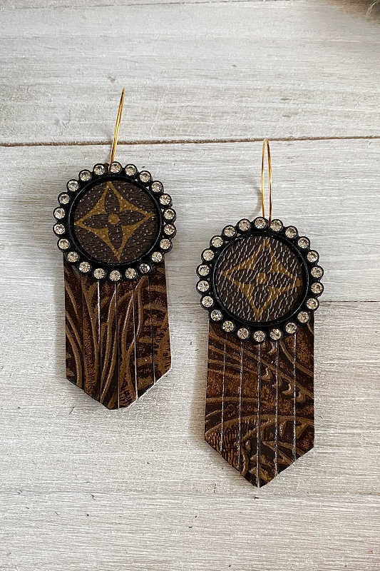 Repurposed LV Earrings With Tooled Leather Fringe FANCY PANTZ BOUTIQUE
