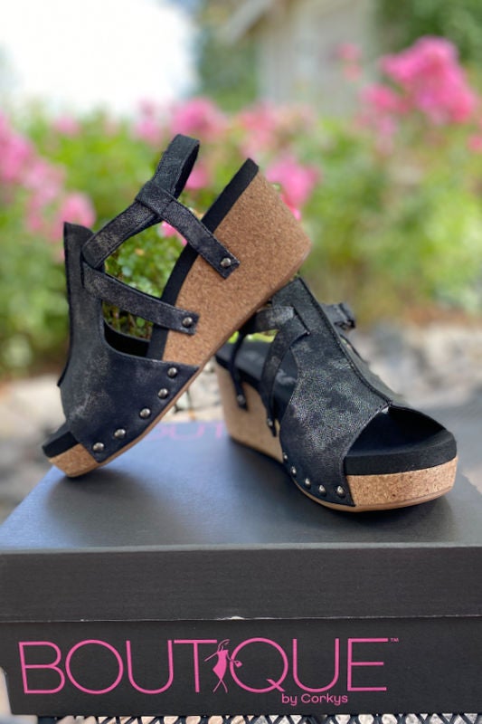 Corkys Seltzer Wedge Sandals Black Metallic